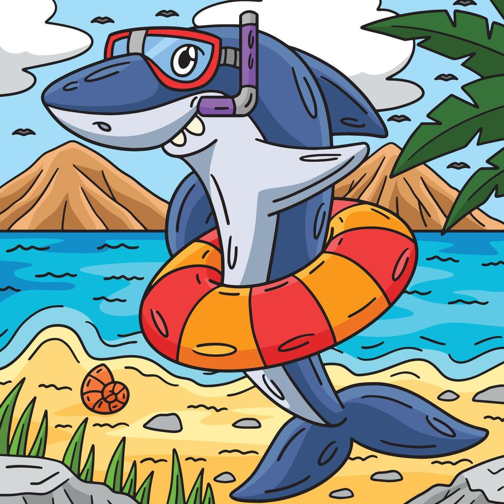 tiburón con tubo respirador y flotador anillo de colores dibujos animados vector