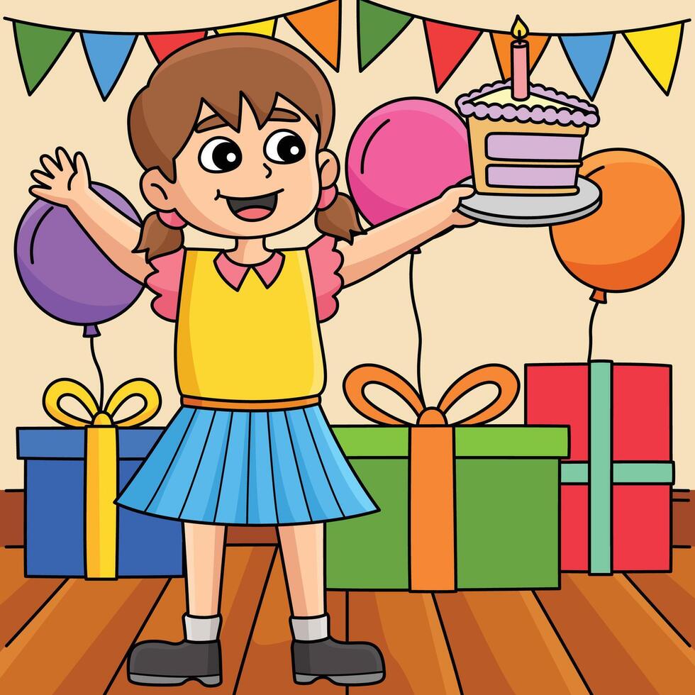 Girl Holding a Happy Birthday Cake Colored Cartoon vector