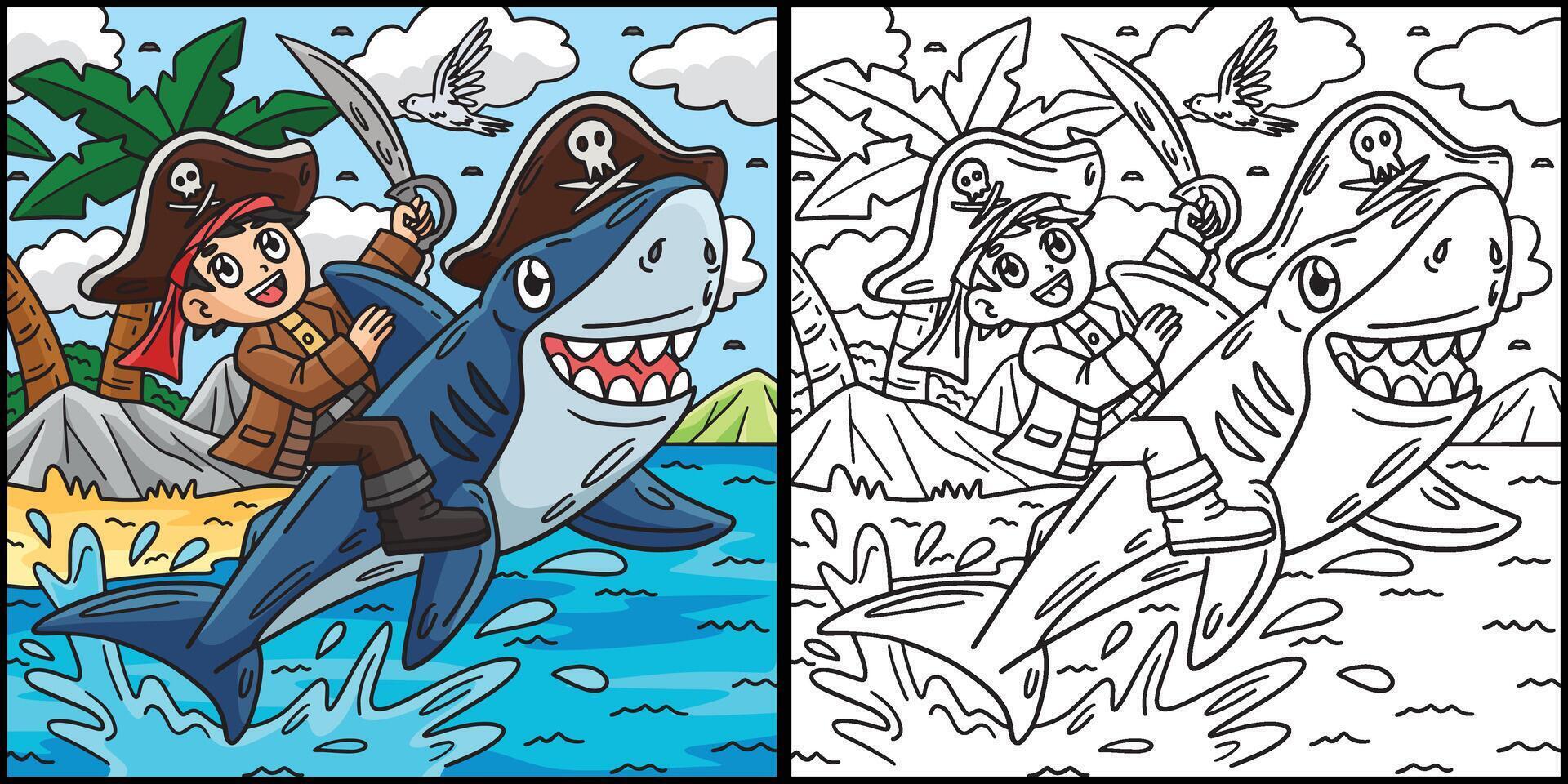 Pirate and Shark Coloring Colored Illustration vector