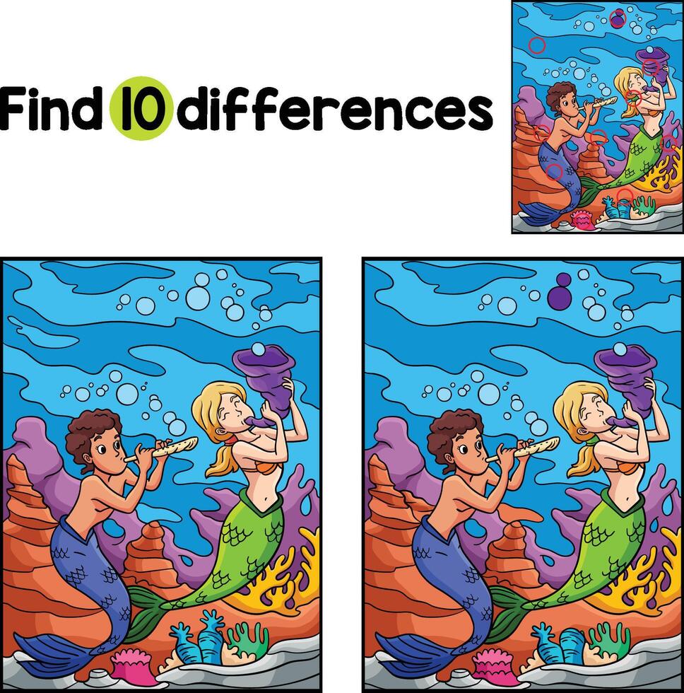 Mermaid Playing Flute Find The Differences vector