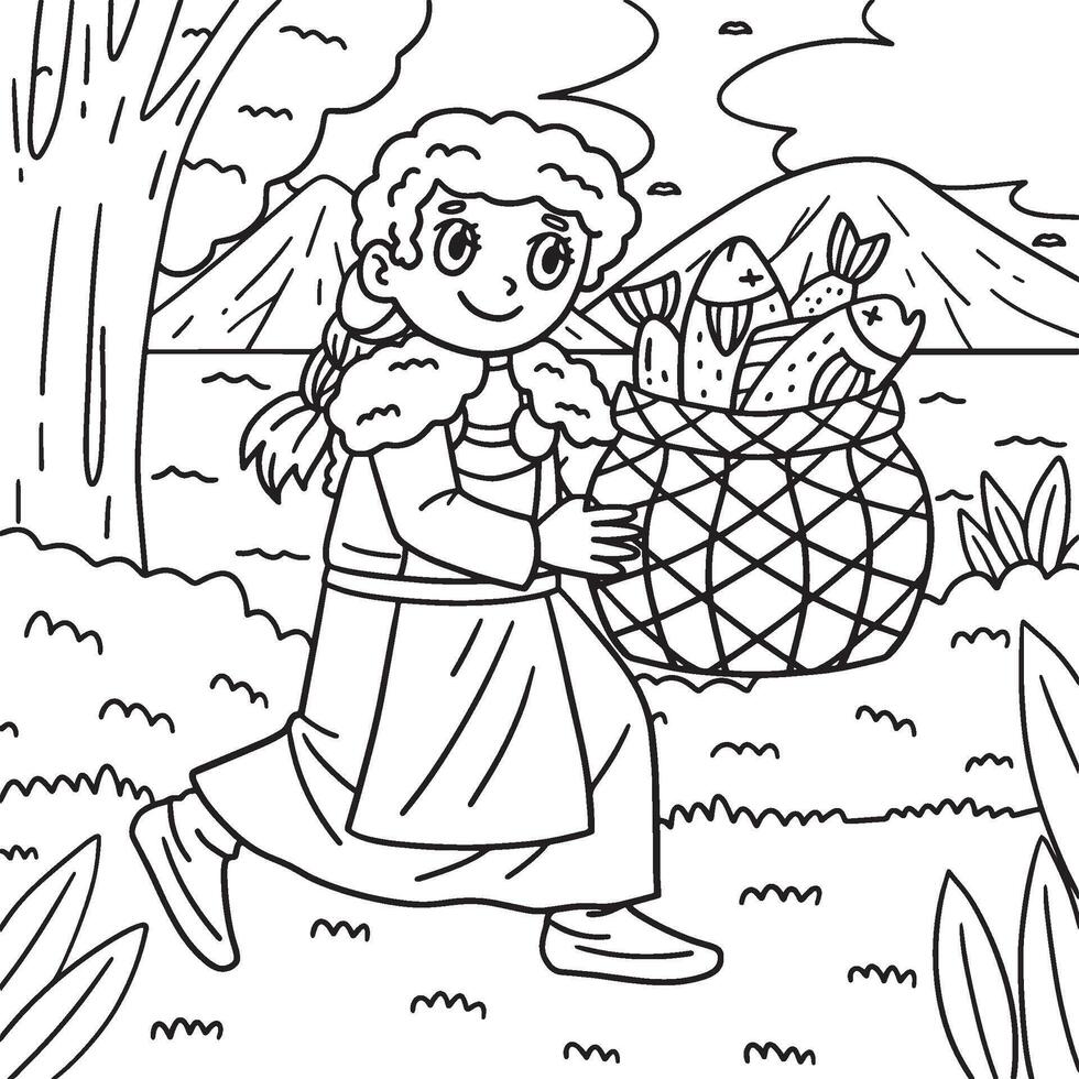 Viking Girl with a Basket of Fish Coloring Page vector