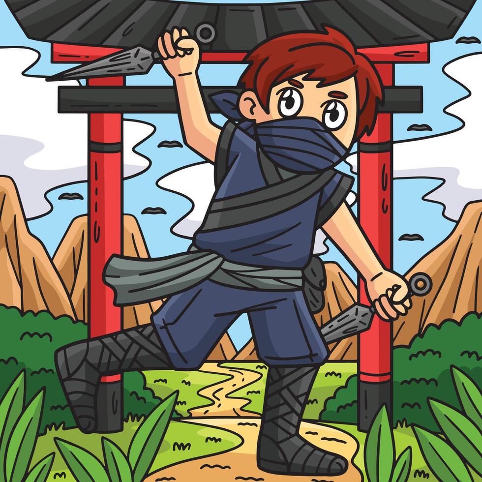 ninja con un kunai de colores dibujos animados ilustración vector