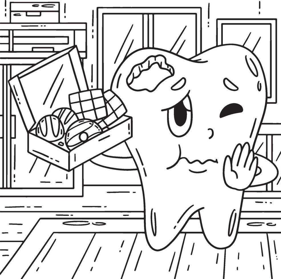 Dental Care Tooth with Box of Treats Coloring Page vector