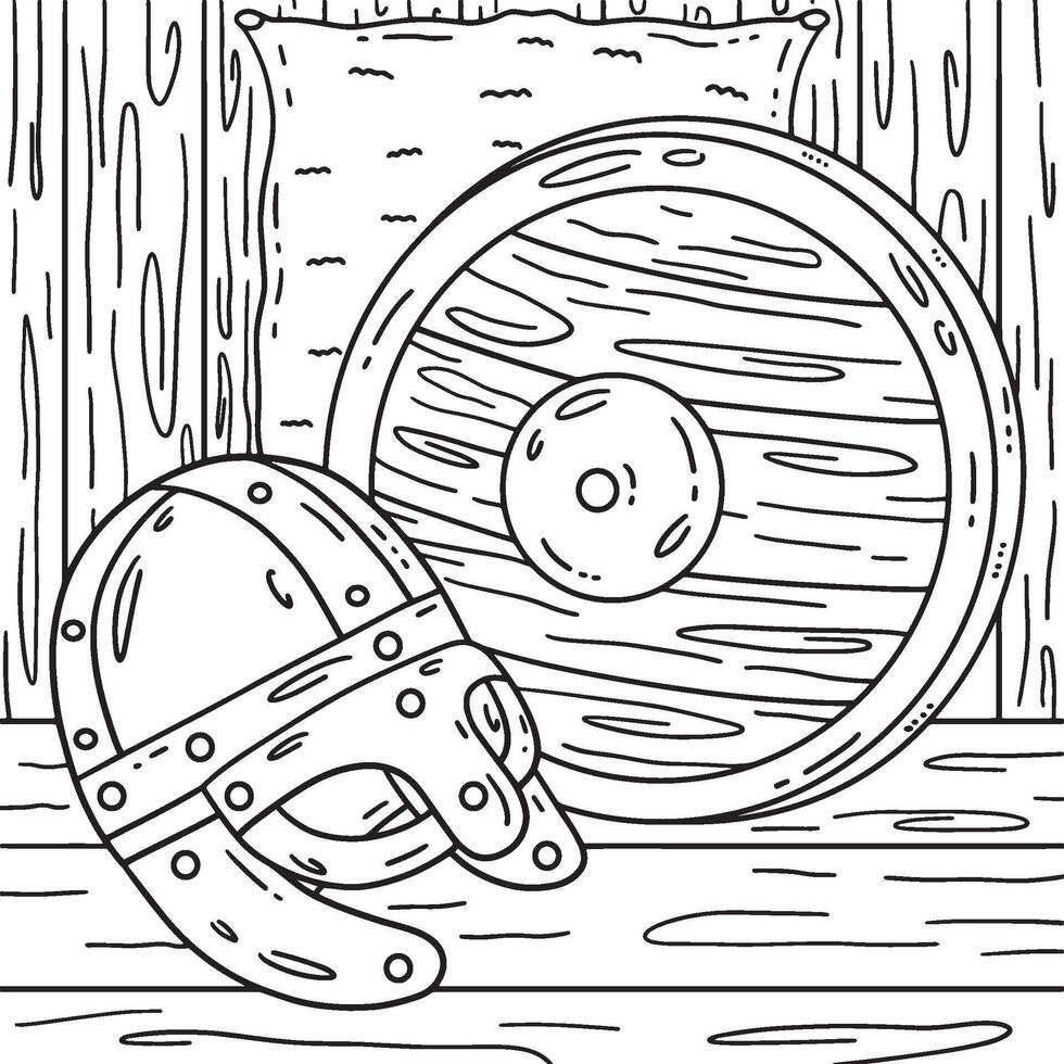 Viking Helmet and Shield Coloring Page for Kids vector