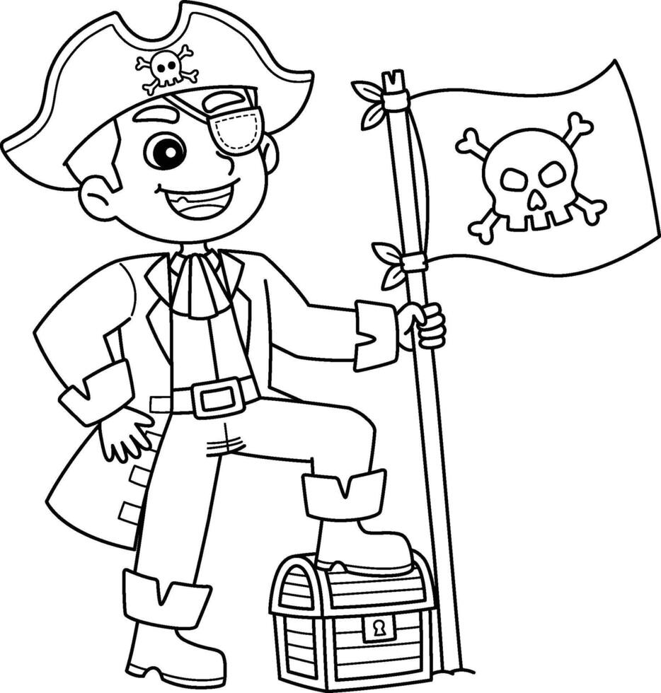 Pirate with a Jolly Roger Flag Isolated Coloring vector