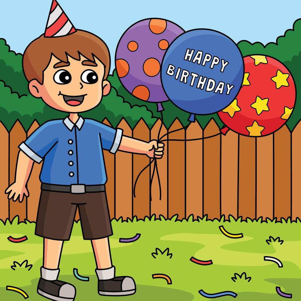 chico con contento cumpleaños globos de colores dibujos animados vector