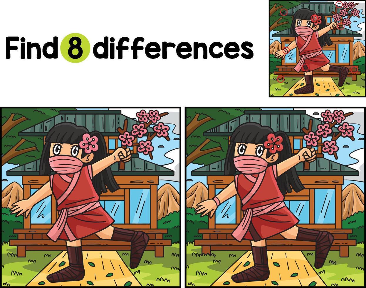 Ninja Kunoichi Sakura Branch Find The Differences vector