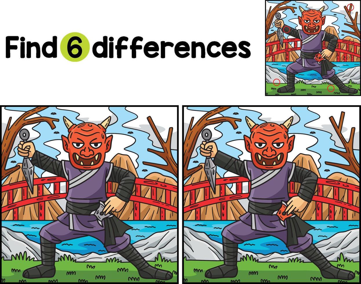 Ninja Wearing Oni Mask Find The Differences vector