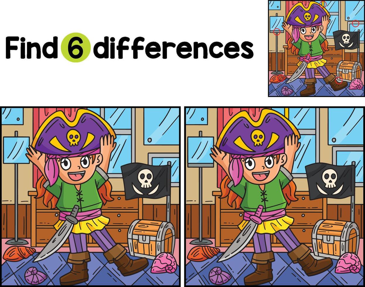 Girl Putting on a Pirate Hat Find The Differences vector