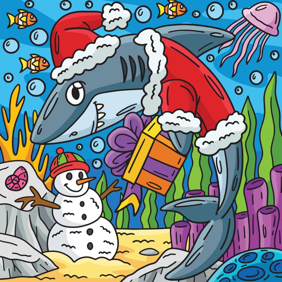 Santa Shark Colored Cartoon Illustration vector