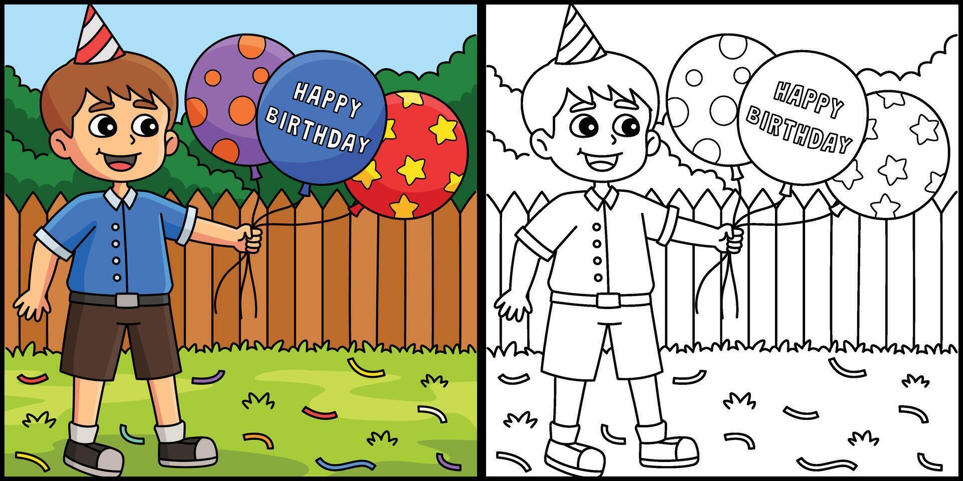 chico con contento cumpleaños globos ilustración vector