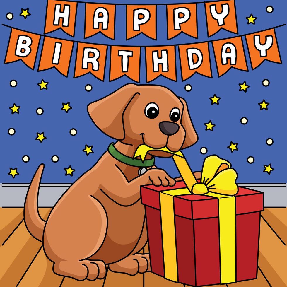 Happy Birthday Dog with a Present Colored Cartoon vector