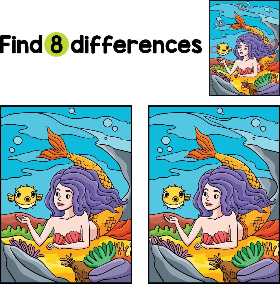 Mermaid and Pufferfish Find The Differences vector