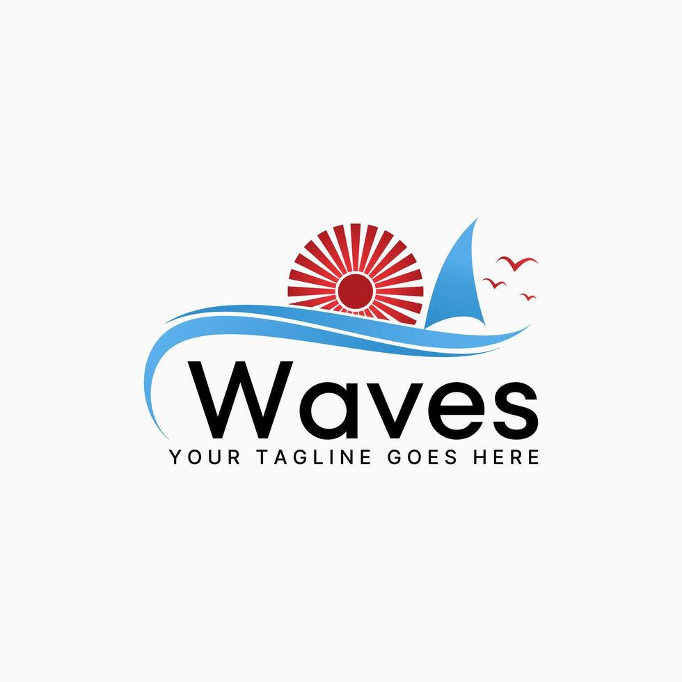 Logo design graphic concept creative premium abstract vector stock sign sail ship birds waves and beach sunset. Related boat yacht sailor ocean island