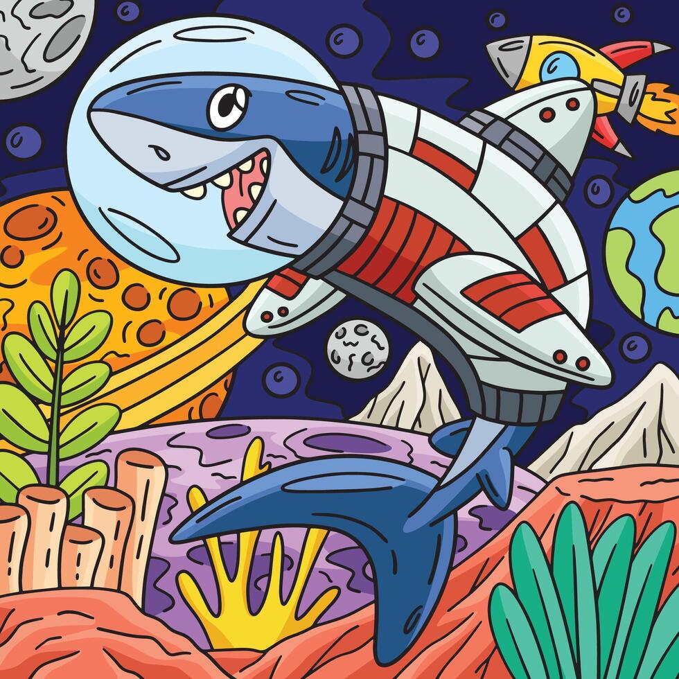 Space Shark Colored Cartoon Illustration vector