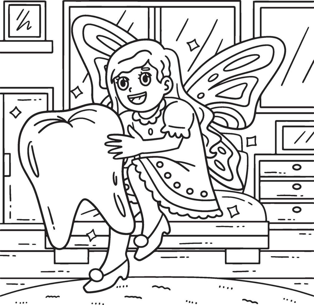 Dental Care Tooth Fairy Coloring Page for Kids vector