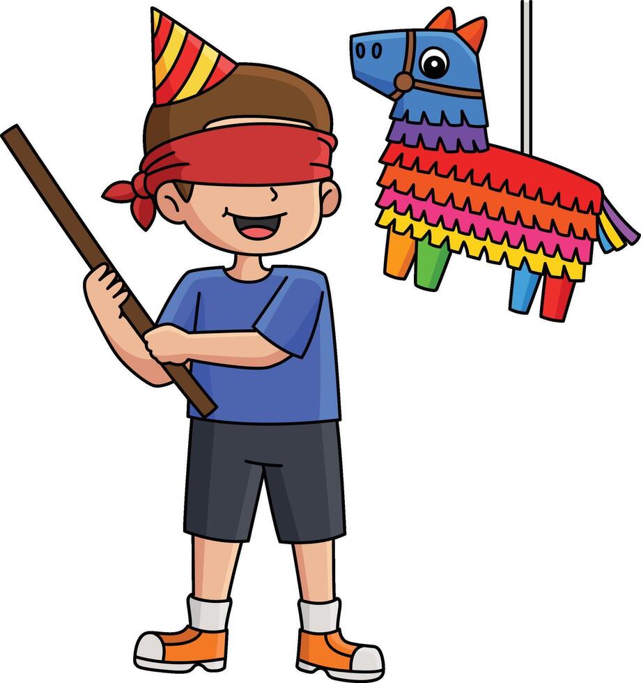 contento cumpleaños chico con piñata dibujos animados clipart vector