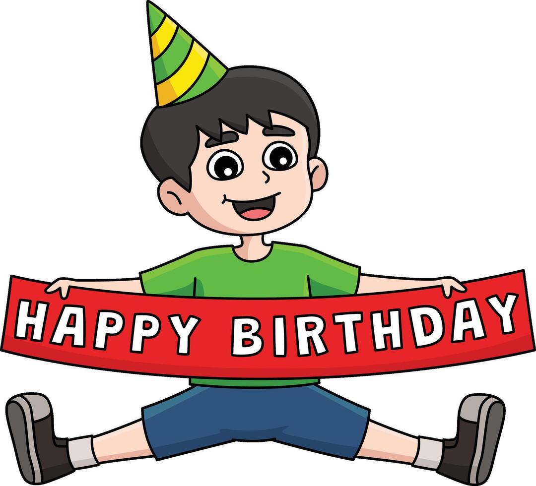 chico con un contento cumpleaños bandera dibujos animados clipart vector