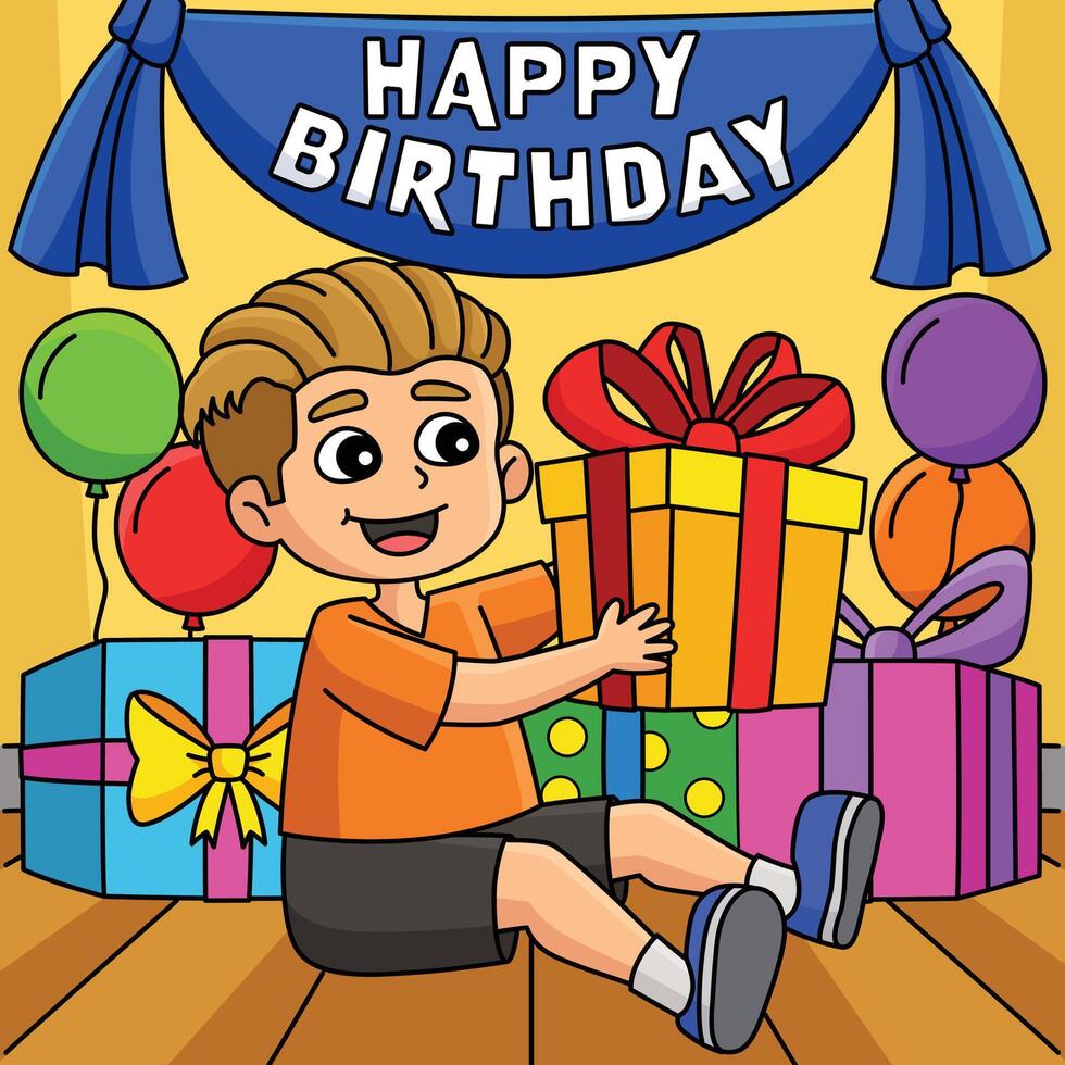 Boy with a Birthday Present Colored Cartoon vector