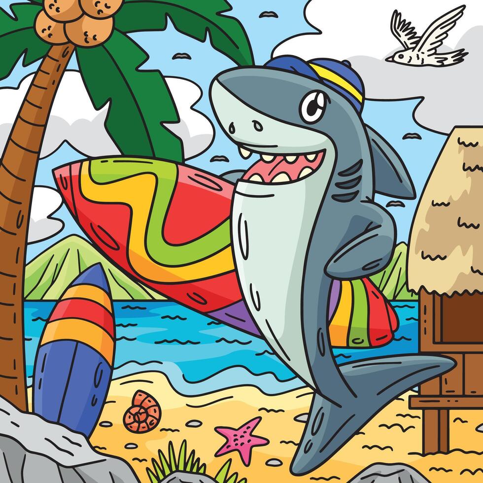 tiburón con tabla de surf de colores dibujos animados ilustración vector