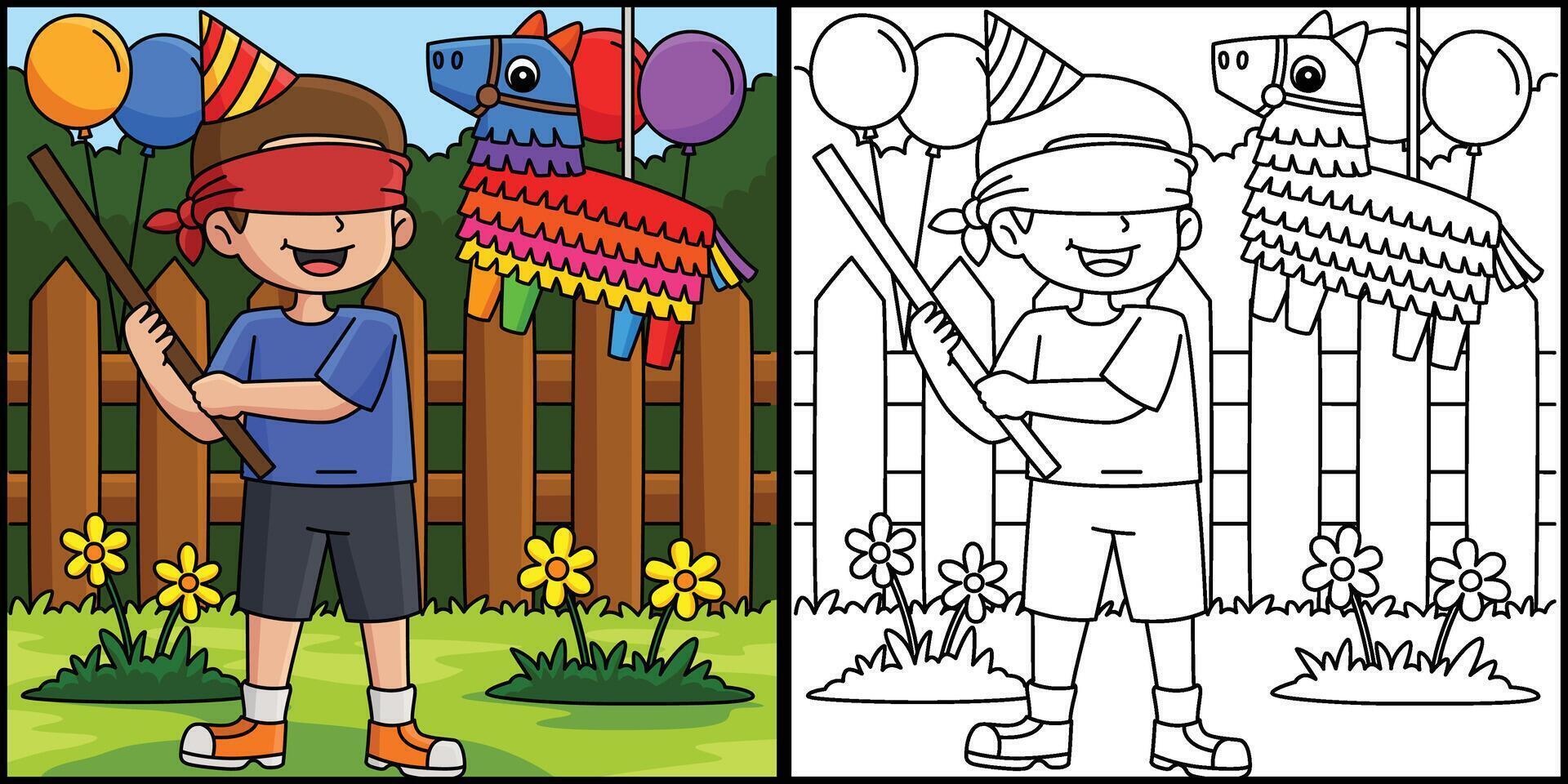 contento cumpleaños chico con piñata ilustración vector