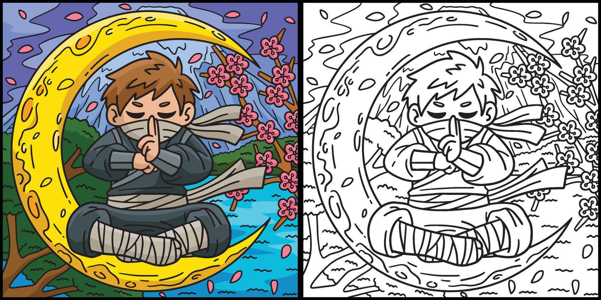 ninja y creciente Luna colorante página ilustración vector