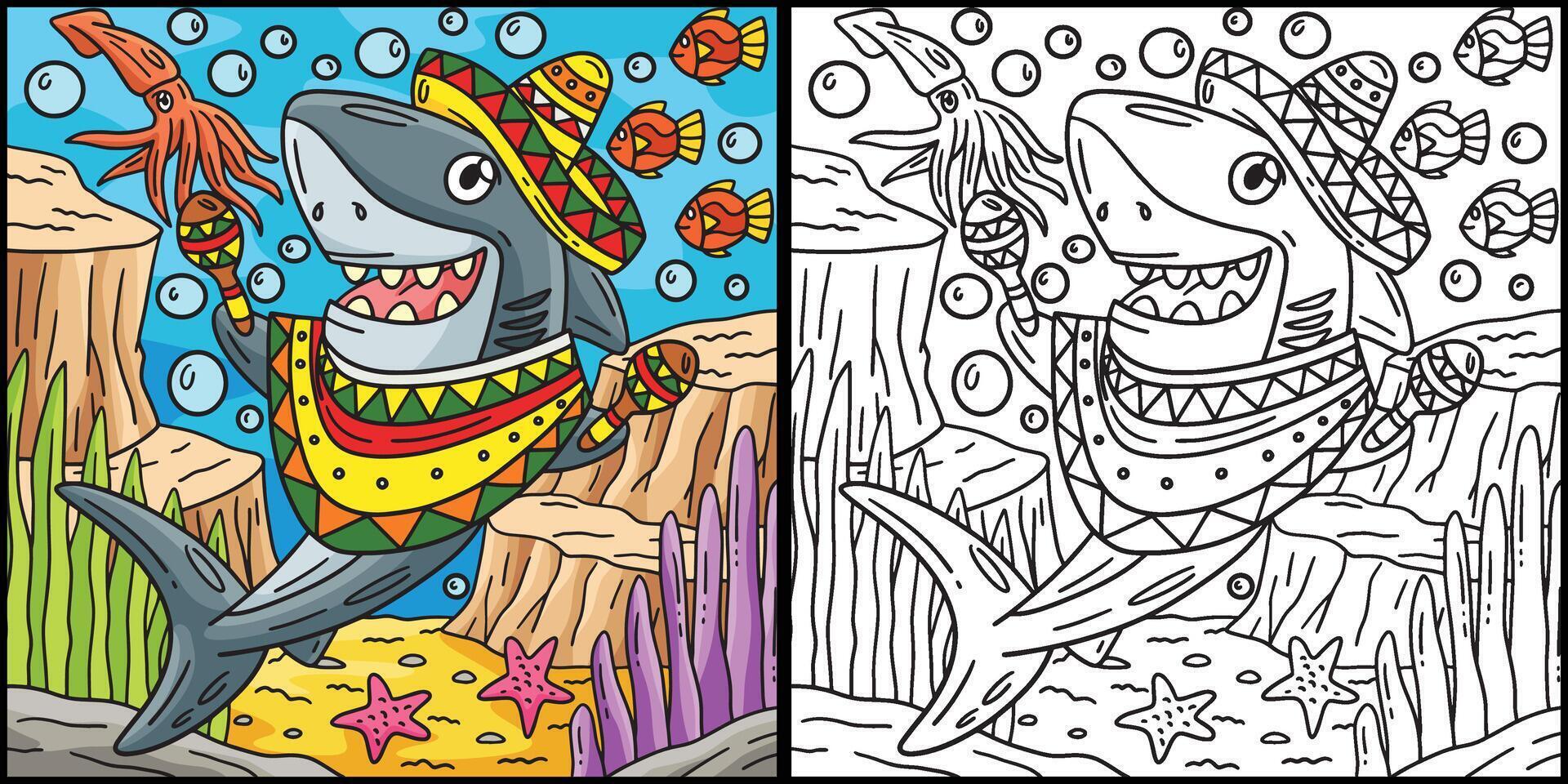 tiburón con sombrero y maracas ilustración vector