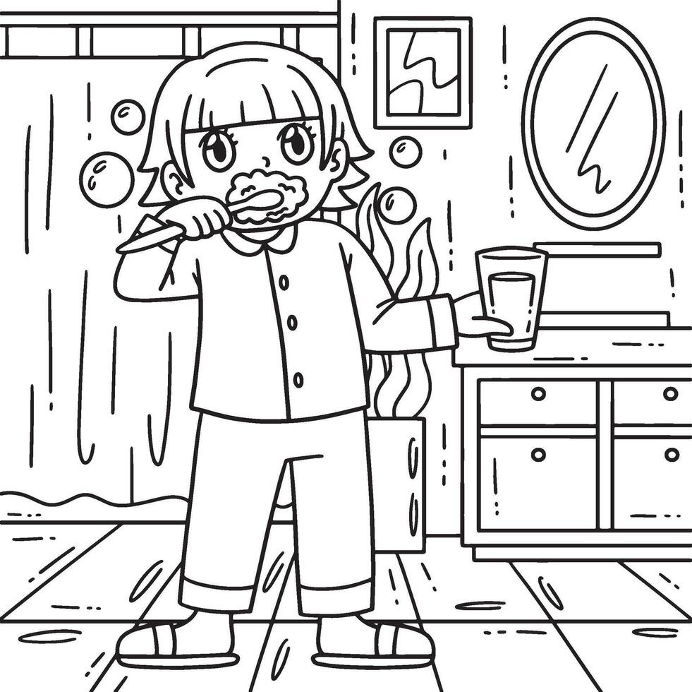 Dental Care Child Brushing Teeth Coloring Page vector