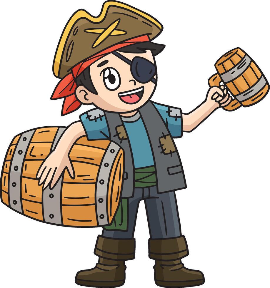 Pirate with Barrel of Rum Cartoon Colored Clipart vector