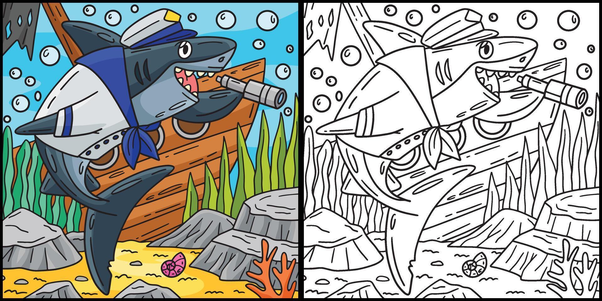 tiburón en marina atuendo colorante página ilustración vector