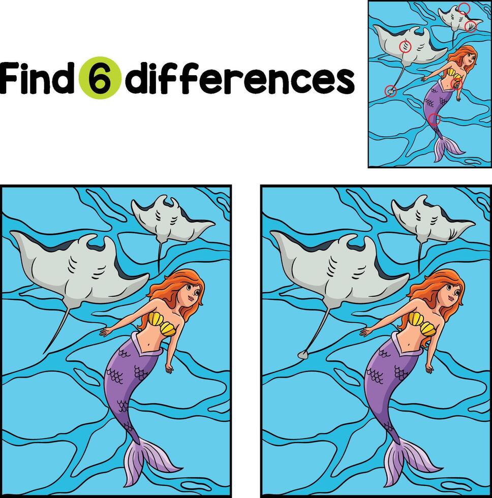 Mermaid with a Manta Ray Find The Differences vector