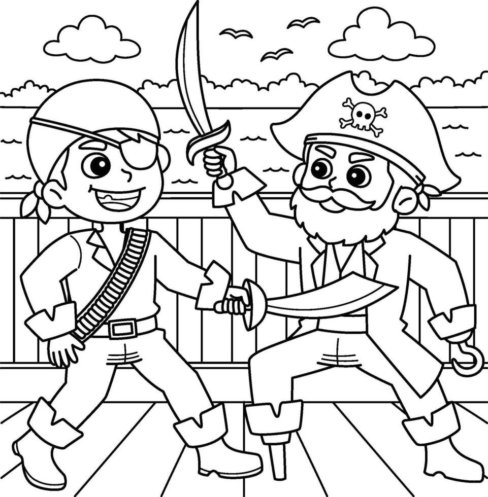 piratas luchando colorante página para niños vector