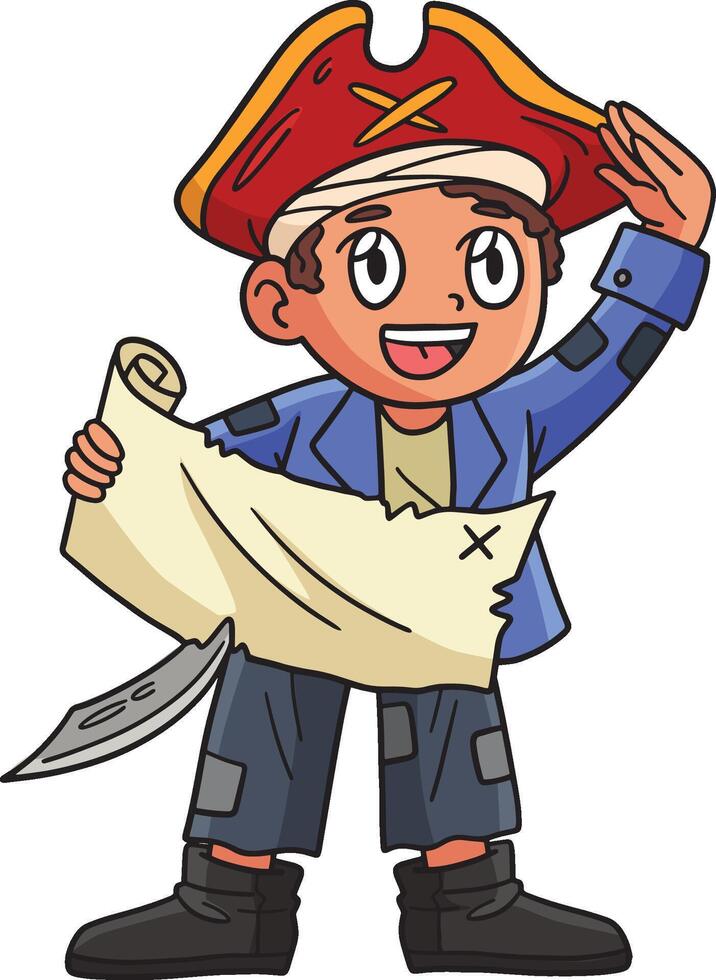 pirata con tesoro mapa dibujos animados de colores clipart vector