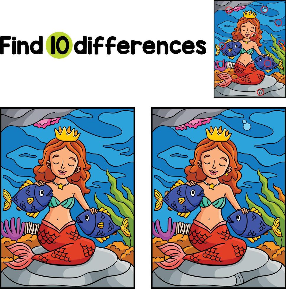 Princess Mermaid and Fish Find The Differences vector