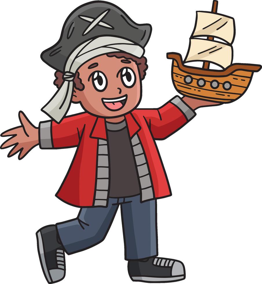 niño con pirata sombrero y modelo Embarcacion clipart vector