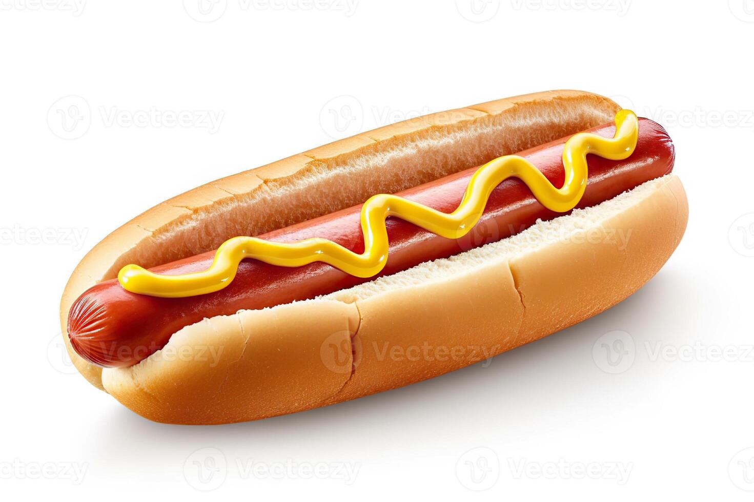 AI generated Juicy hot dog with ketchup and mustard, isolated on a pristine white background. created with Generative AI photo