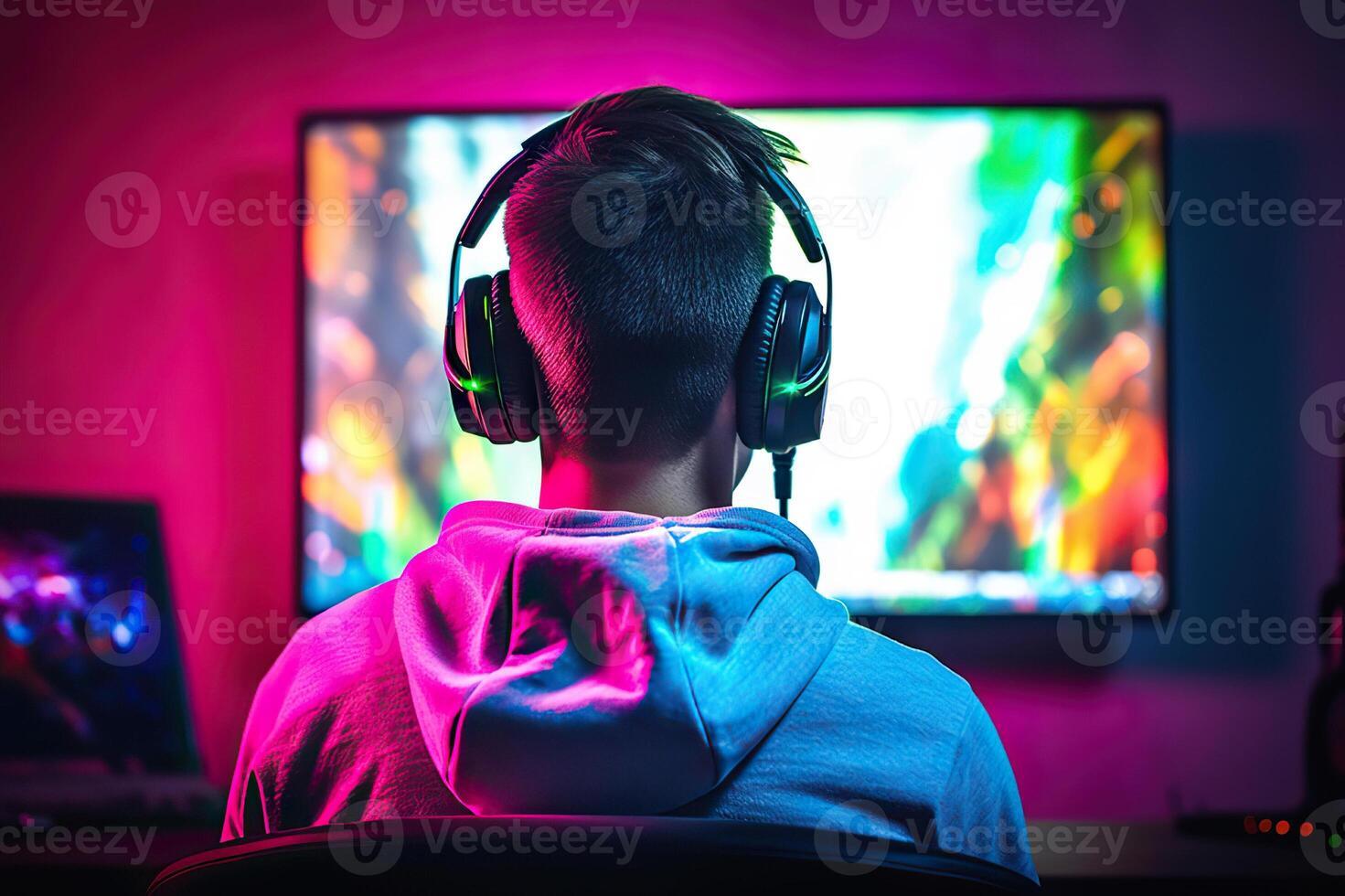 AI generated Online Gaming Enthusiast Wearing Headphones and Focused on Screen Monitor for Esports Competition. created with Generative A photo