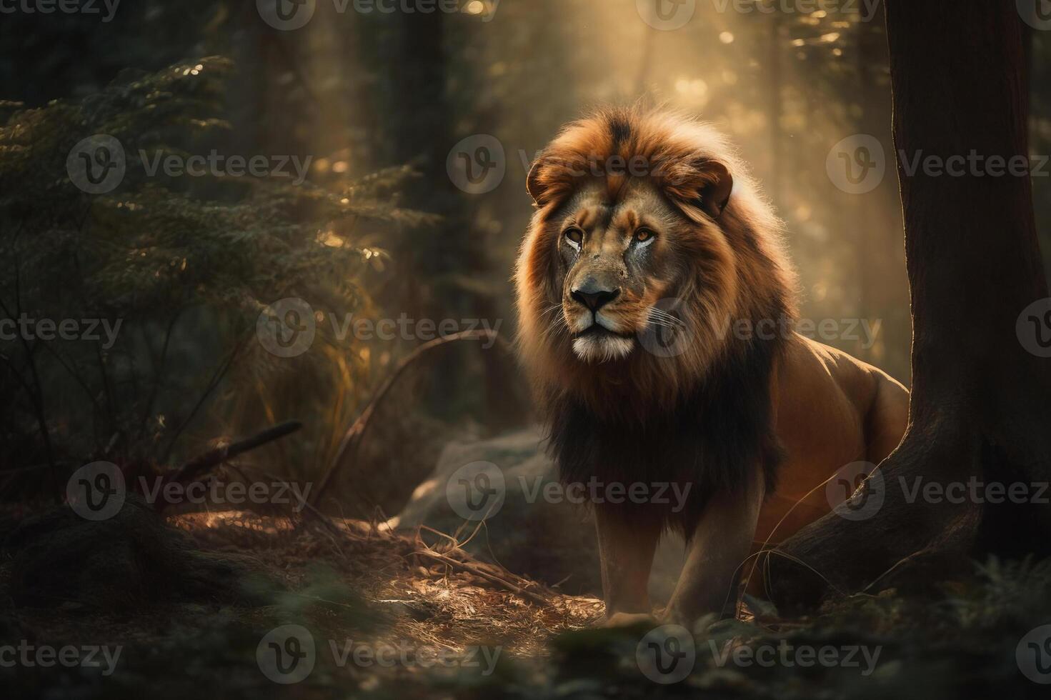 AI generated Majestic lion standing still in the forest. created with Generative AI photo