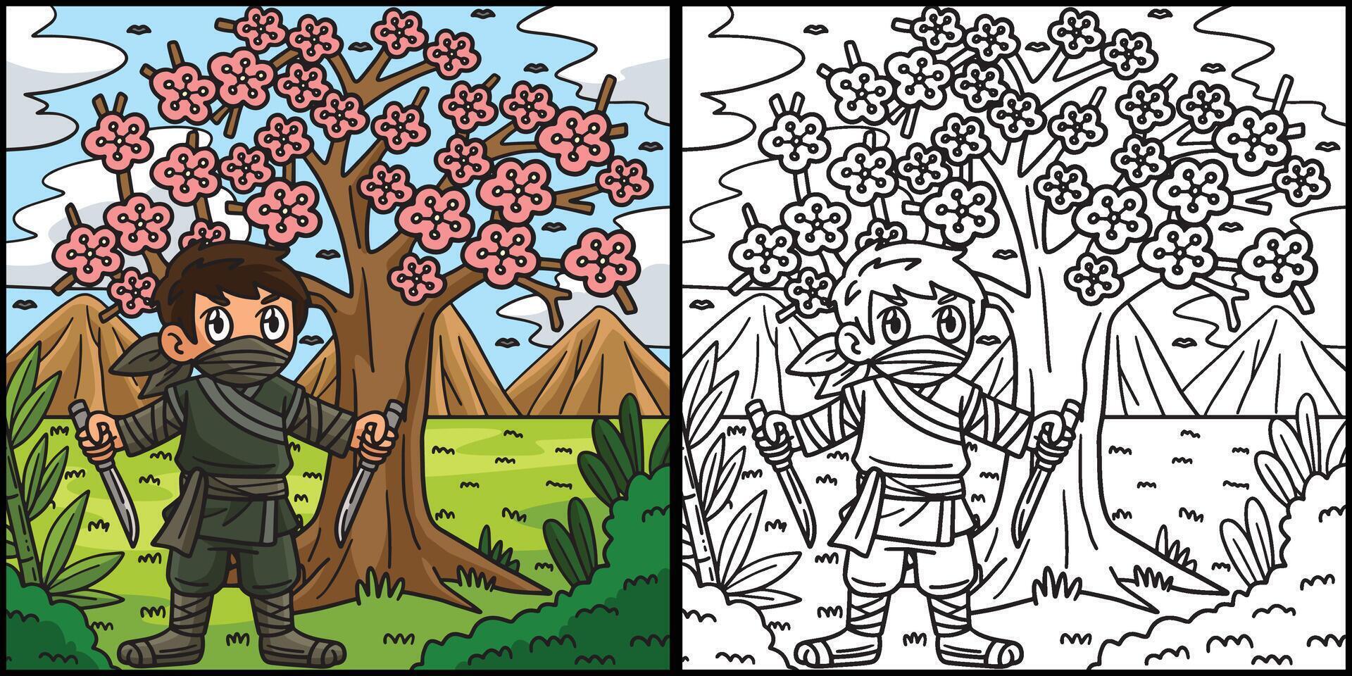 Ninja under Sakura Tree Coloring Page Illustration vector