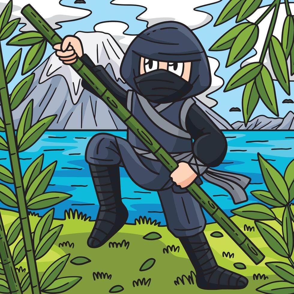 Ninja with a Bamboo Pole Colored Cartoon vector