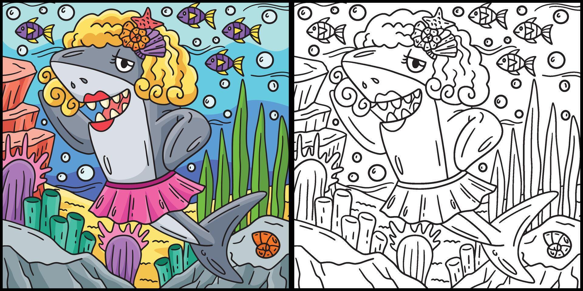 Shark Wearing Wig and Skirt Coloring Illustration vector