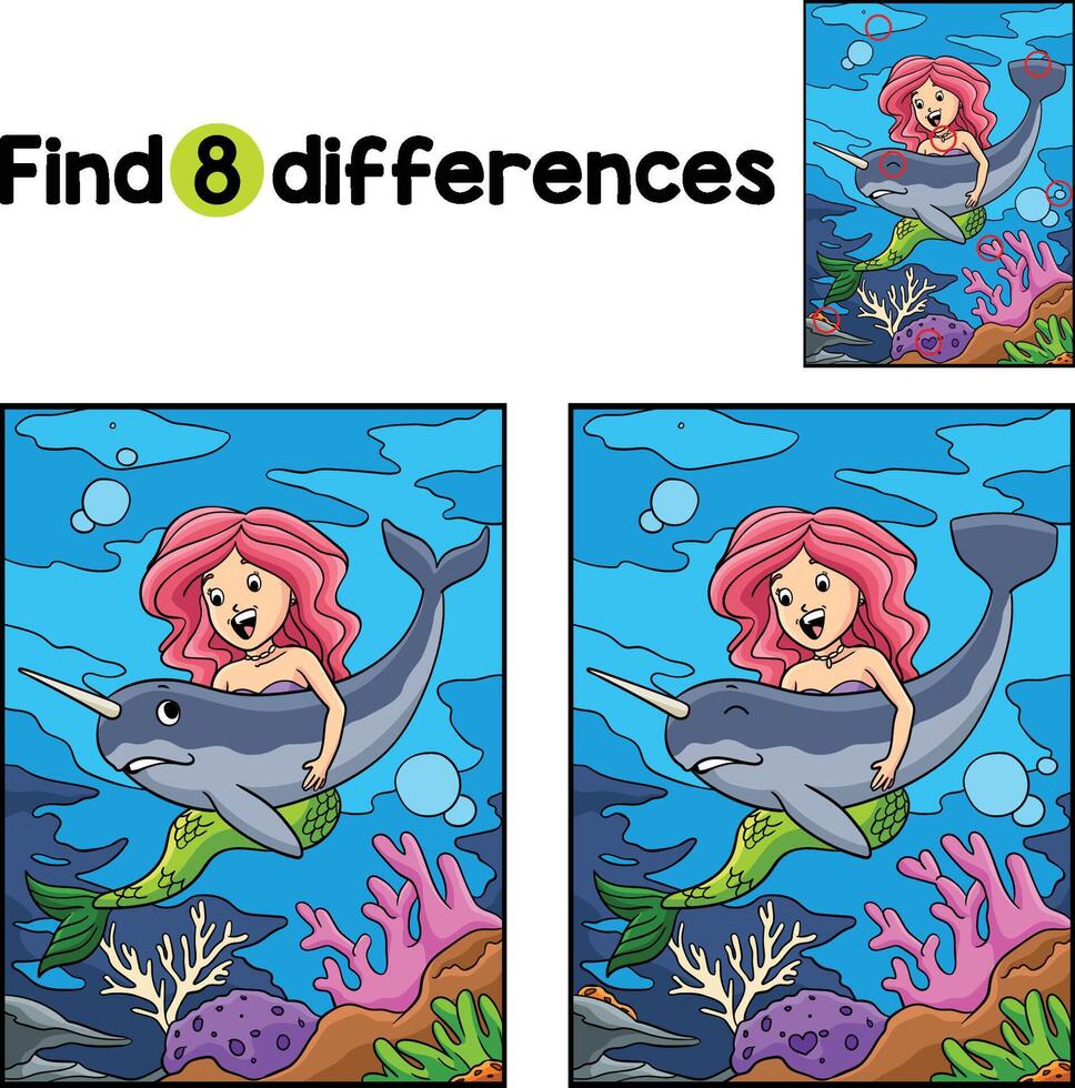 Mermaid and Hugging Narwhal Find The Differences vector