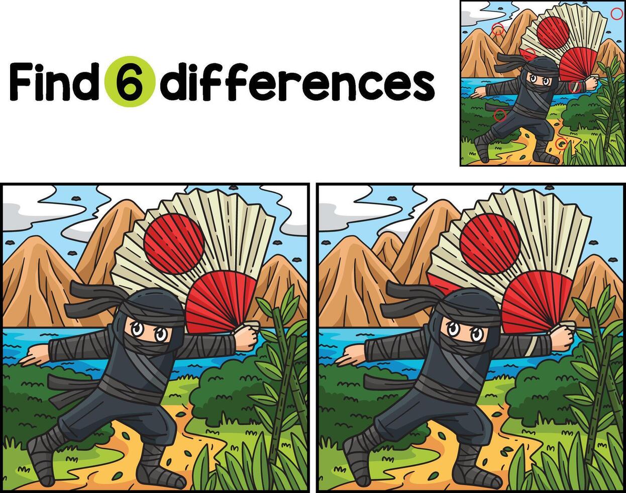 Ninja with Large Fan Find The Differences vector