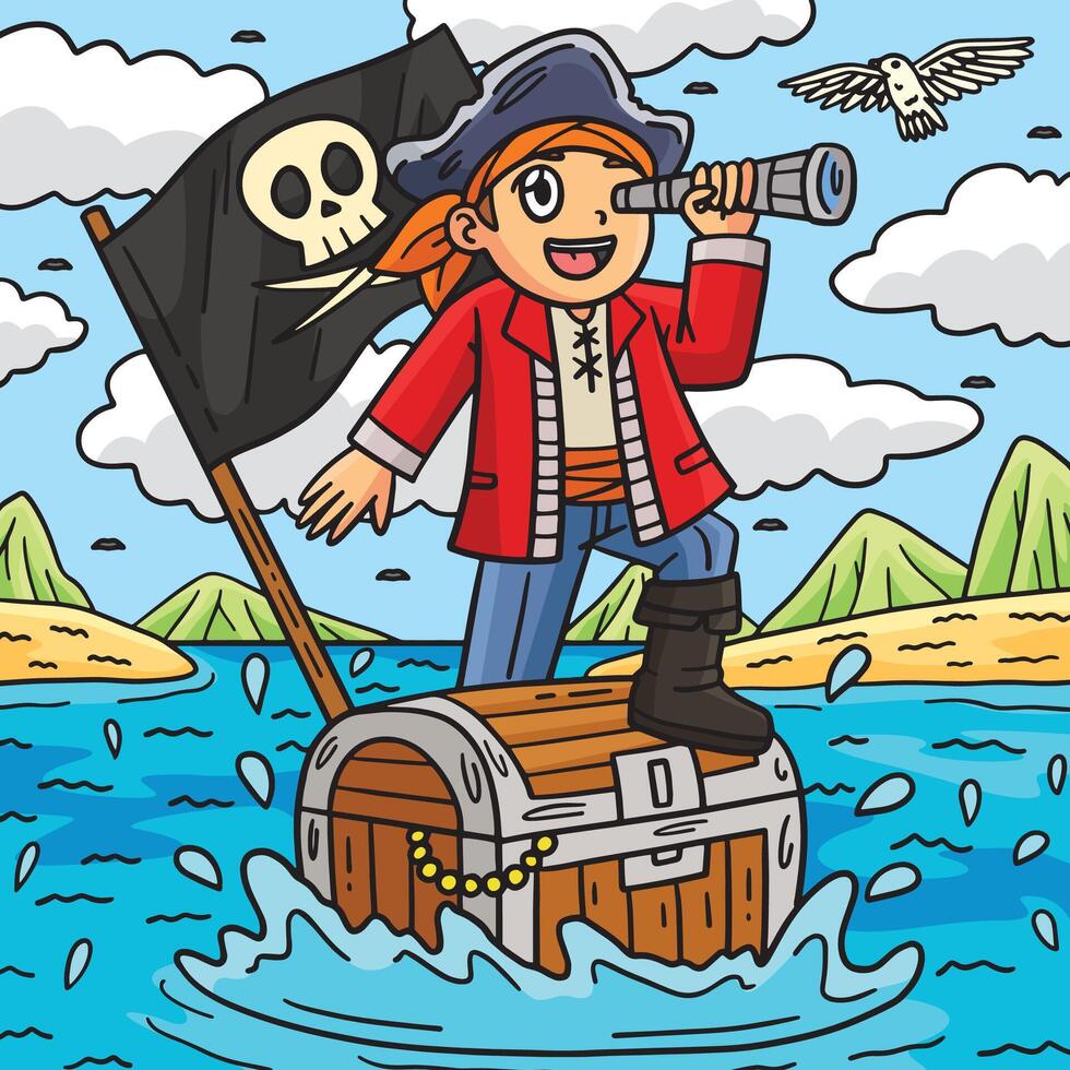 Pirate and Chest Floating Over Sea Colored Cartoon vector