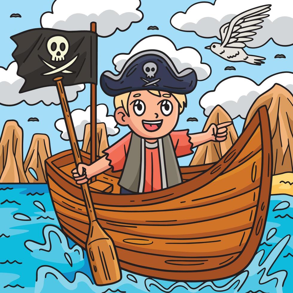 Pirate in a Rowboat Colored Cartoon Illustration vector