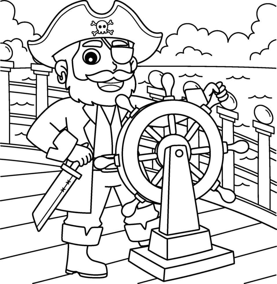 Pirate Steering the Wheel Coloring Page for Kids vector