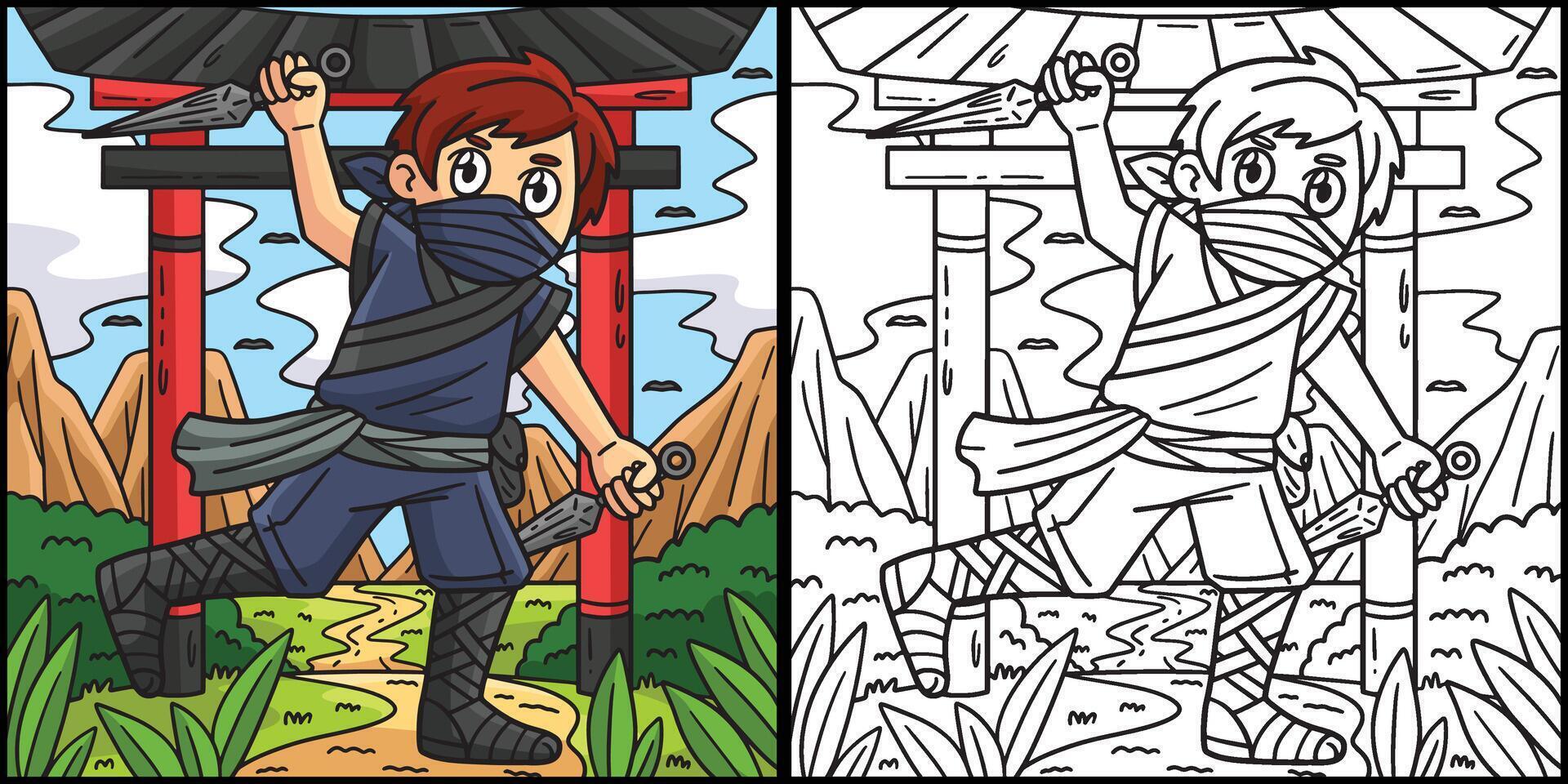 Ninja with Kunai Coloring Colored Illustration vector