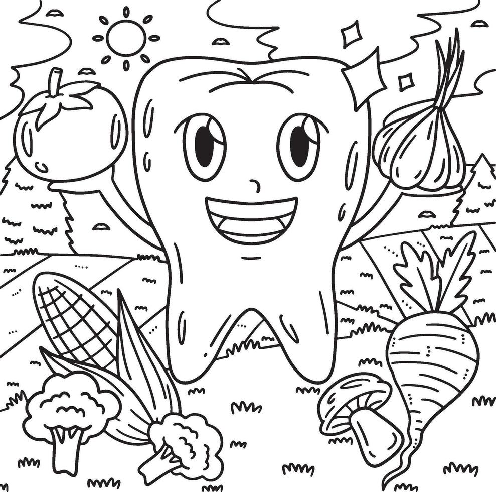 Dental Care Tooth and Vegetables Coloring Page vector