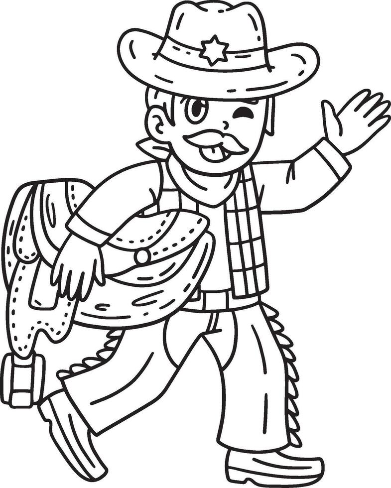 Cowboy Carrying Saddle Isolated Coloring Page vector