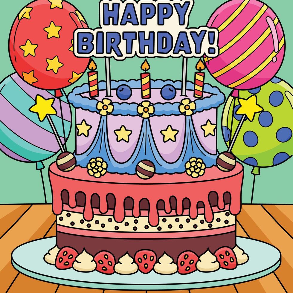 Happy Birthday Cake Colored Cartoon Illustration vector